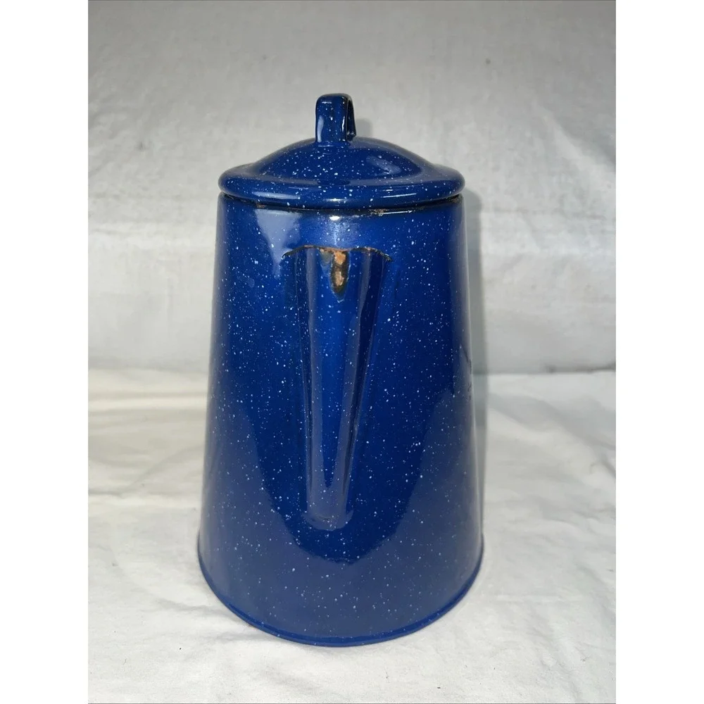 Vintage Blue Speckled Enamel Coffee Pot Campfire Cowboy Kettle Rustic Camping